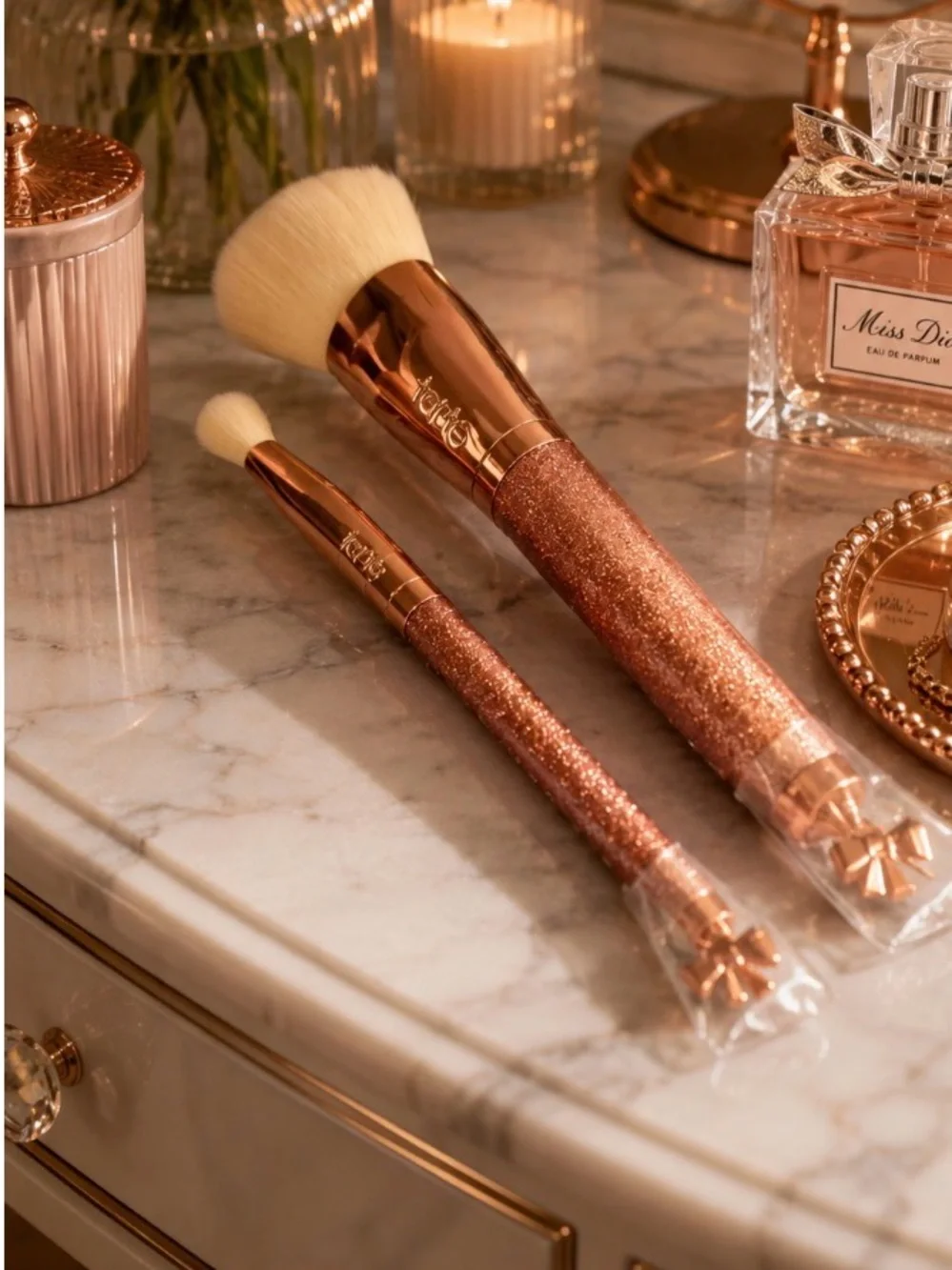 Tarte rose gold with glitter and charms cosmetic brushes. 2pc